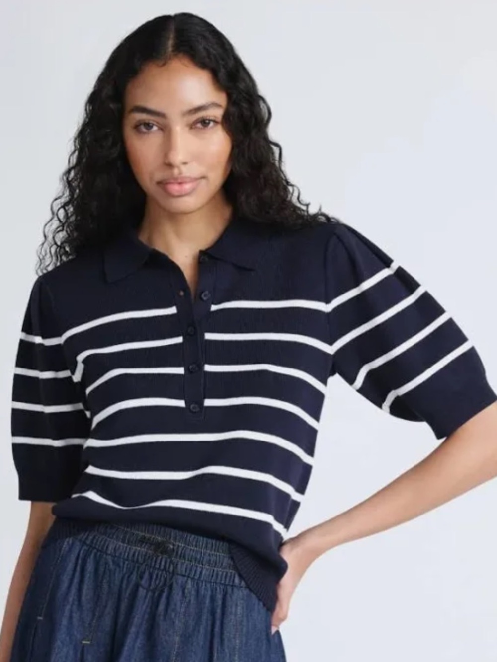 Striped Navy Polo Knit Top with Short Sleeves
